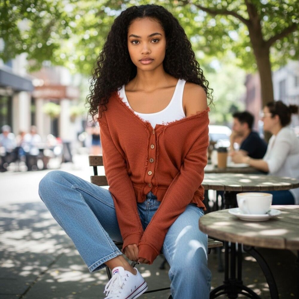 Free People We The Free Golden Road Distressed Cropped Cardigan in Rust-Size M.